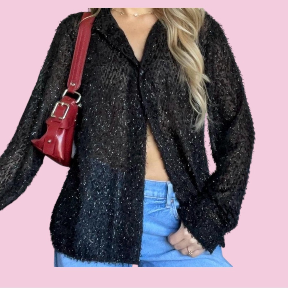 Elegant Black Sweater Sparkly Cardigan Womens Size Medium